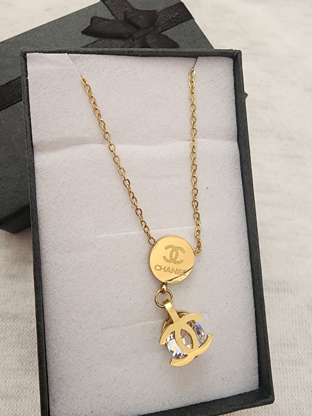 Stainless Steel Gold-Tone Double Pendant Necklace with Crystal CC Charm - Picture 2 of 3